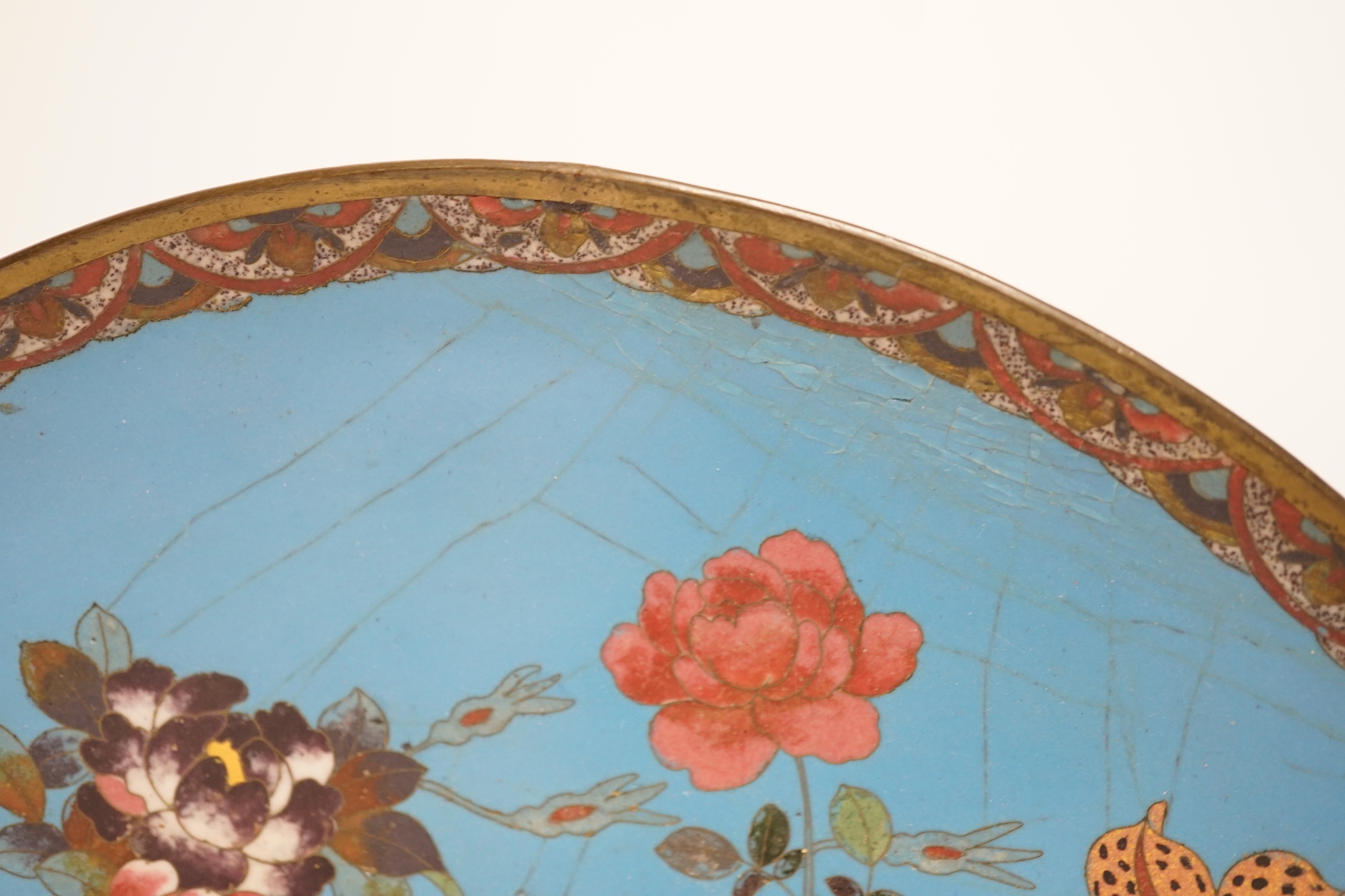 Two pieces of Japanese cloisonné enamel, comprising charger and vase, largest 36cm in diameter